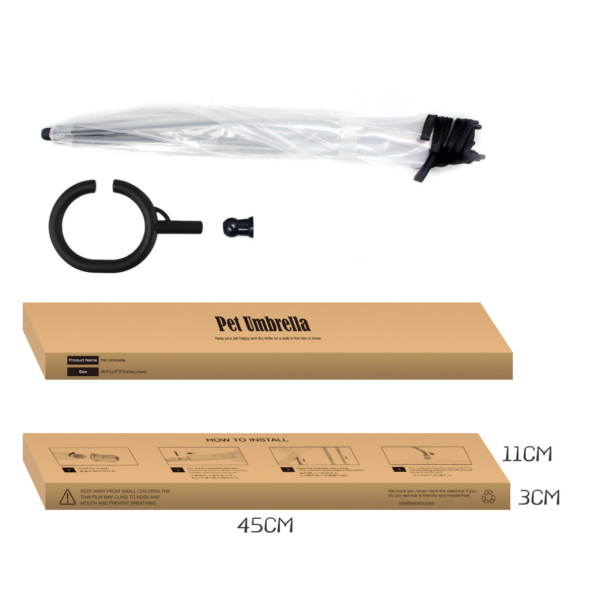 Pet umbrella components including canopy, frame, and packaging on a white background