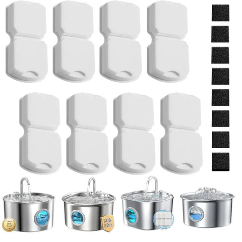 16-pack cat water fountain filter replacement kit showing 8 carbon filters, 8 foam filters, and compatible stainless steel pet fountains.