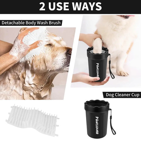 2-in-1 dog paw cleaner cup showing conversion into a soft silicone body wash brush for pets.