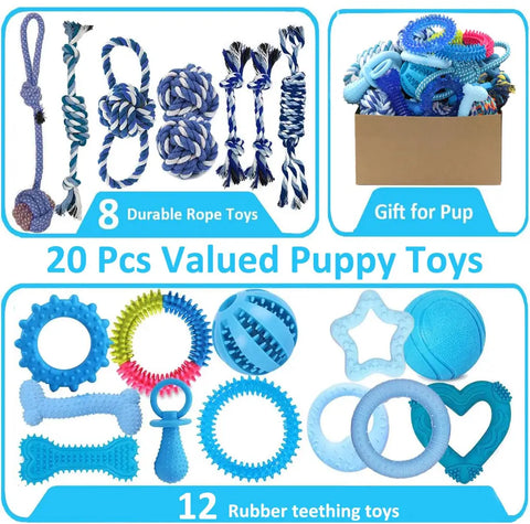 Infographic showing 20 piece puppy toy set including 8 durable ropes and 12 rubber teething toys