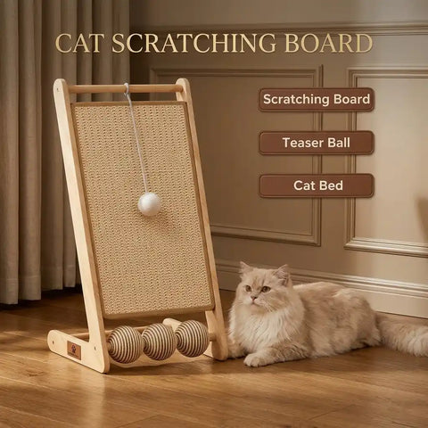 Premium 3-in-1 wooden cat scratching board and lounge bed featuring a sisal scratching mat, hanging teaser ball, and rolling toy balls with a fluffy cat sitting next to it.