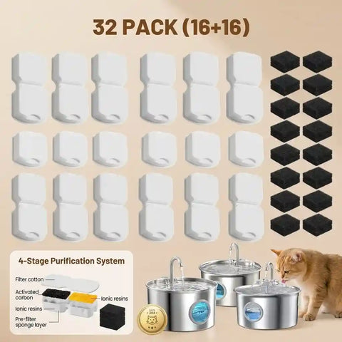 A comprehensive bulk kit featuring 16 shaped cat fountain replacement filters and 16 foam sponge filters. Below the grid, three stainless steel automatic cat fountains are shown, with a ginger cat drinking from one, next to a detailed diagram of the 4-stage water purification system (filter cotton, activated carbon, ionic resins, pre-filter sponge layer).