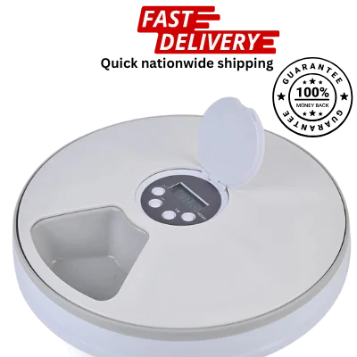 Round electronic pet feeder with a lid, featuring 'Fast Delivery' and '100% Money Back Guarantee' text on a white background.