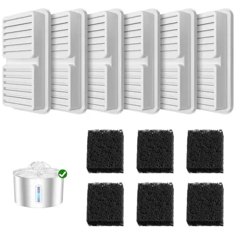 6-pack of dual-action replacement filters and matching black pre-filter sponges compatible with automatic pet water dispensers.