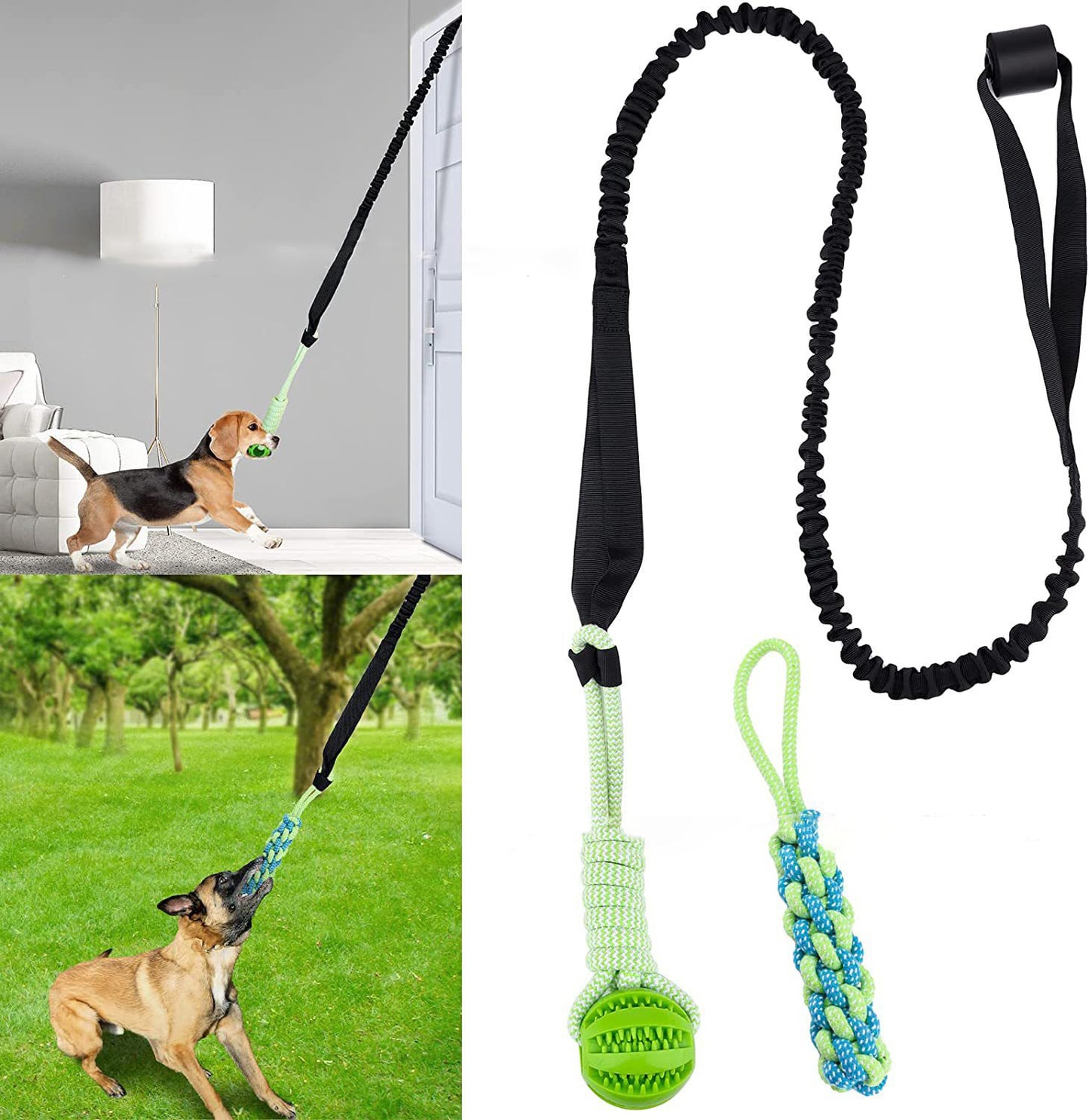 A black dog tug-of-war rope with a green ball attached, shown in use with a dog pulling on it.