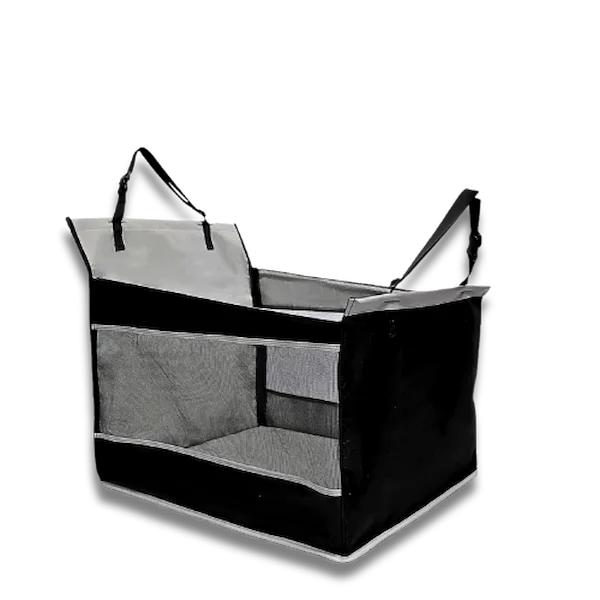 Black and gray pet carrier with straps on a white background