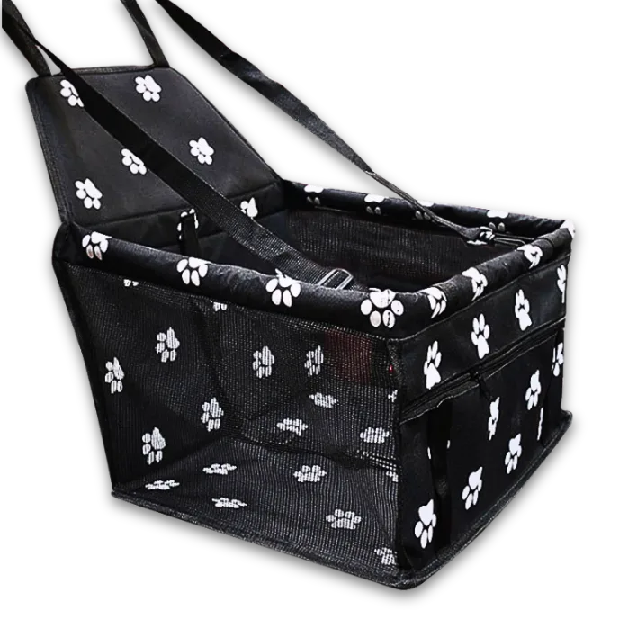 Black pet carrier with white paw prints on a white background