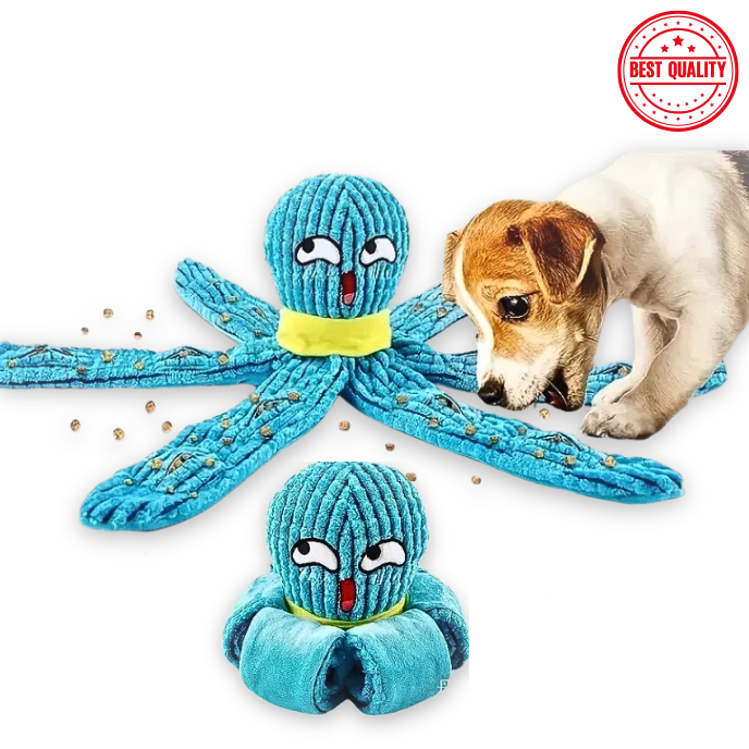 Blue dog toy shaped like an octopus with a dog playing with it on a white background