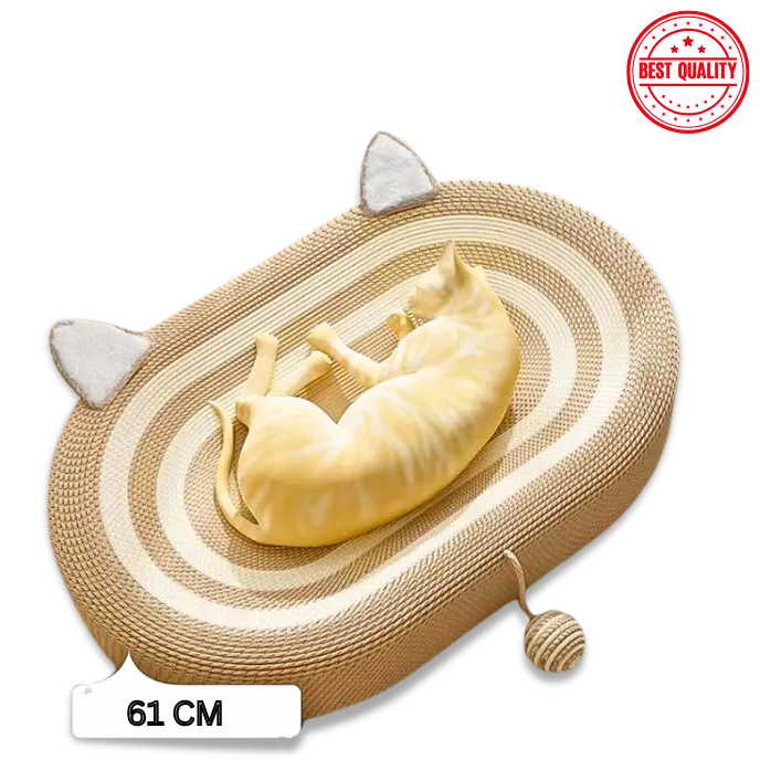 Cat-shaped mat with a cat toy on a white background, featuring 'Best Quality' stamp.
