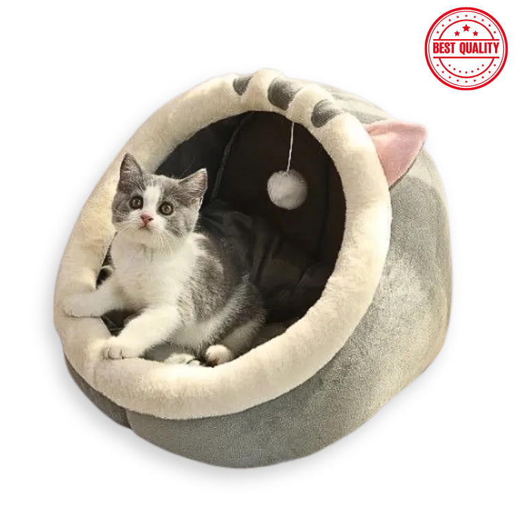 Cat lying in a gray pet bed with a 'Best Quality' stamp on a white background