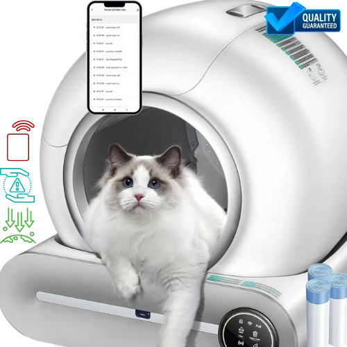 Cat using a self-cleaning pet litter box with smartphone app interface and quality guarantee badge.