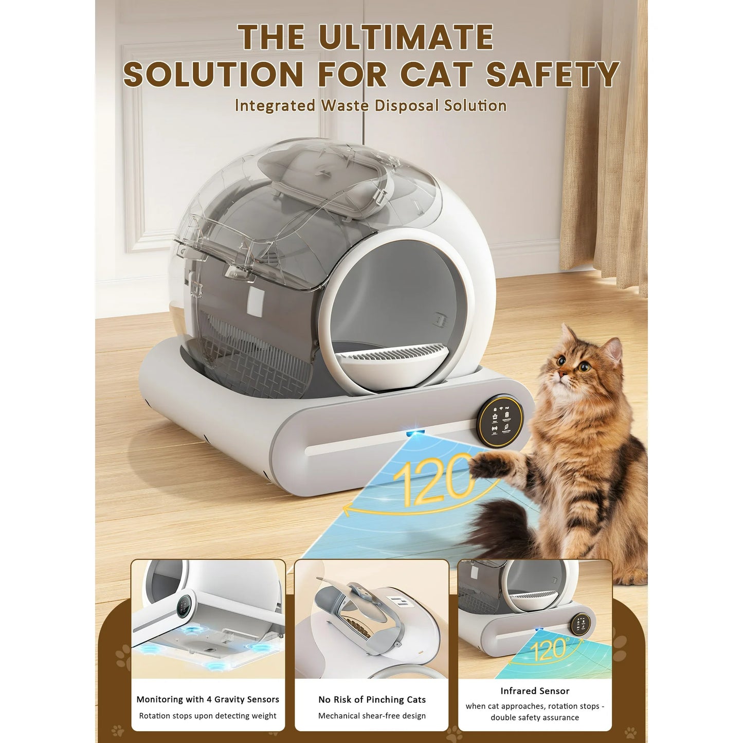 Cat waste disposal system with a cat sitting next to it, featuring text about safety and features.