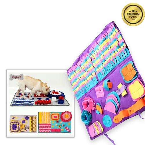 Colorful dog activity mat with various textured shapes and a dog playing on it.