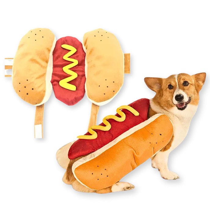 Dog wearing a hot dog costume with a plush hot dog toy on a white background