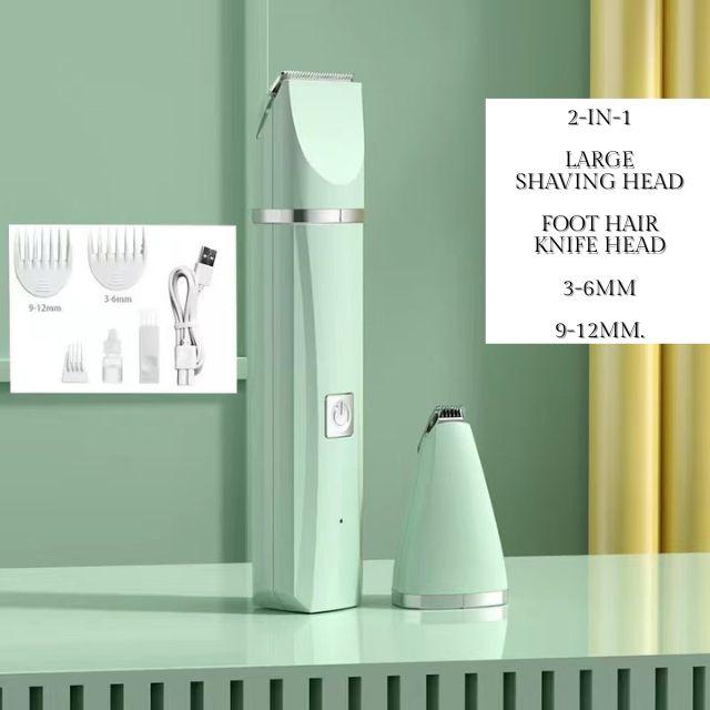 Green grooming device with attachments on a green background