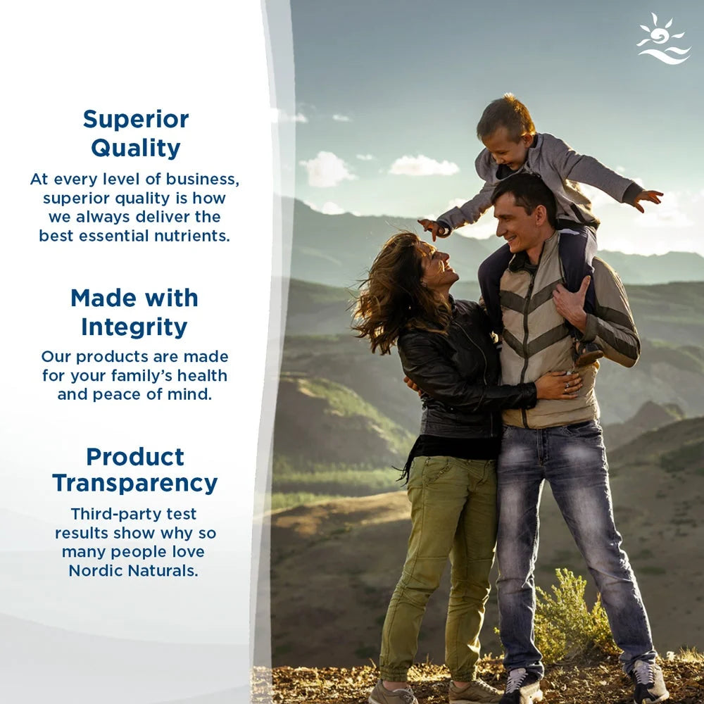 Family enjoying a moment in a scenic outdoor setting with text about product quality, integrity, and transparency.