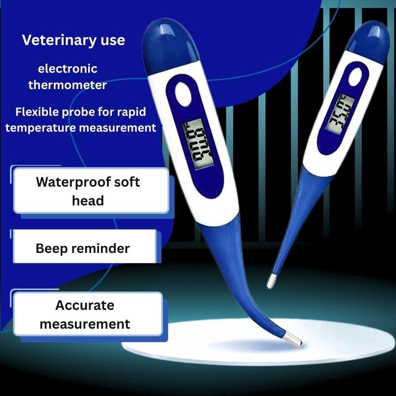 Veterinary electronic thermometer with blue and white design on a dark background