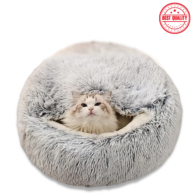 Fluffy gray pet bed with a cat inside on a white background, featuring a 'Best Quality' stamp.