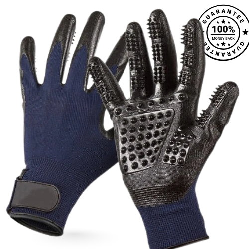 pet grooming glove with brush design on a white background