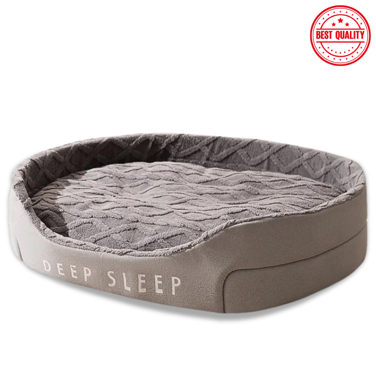 Gray pet bed with 'DEEP SLEEP' text on a white background