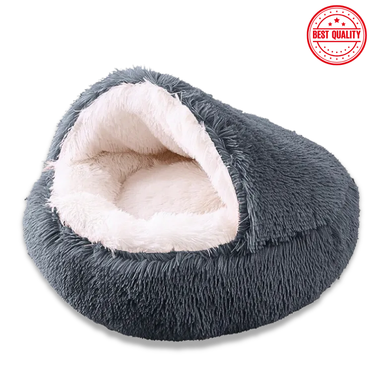 Gray pet bed with white interior on a white background, labeled 'Best Quality'.