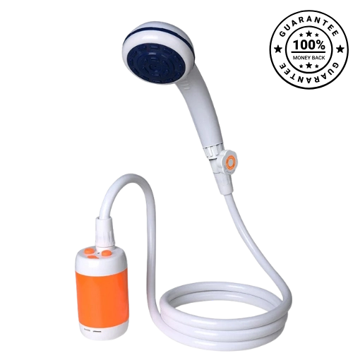 Handheld shower head with flexible hose and orange base on a white background, featuring a guarantee badge.