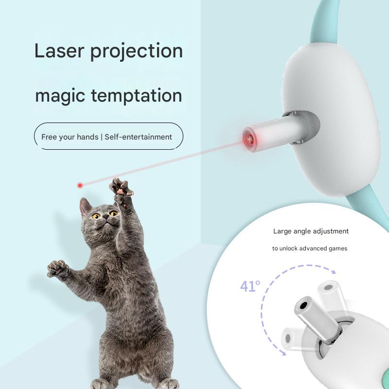 Cat playing with a laser pointer toy, with text on laser projection and magic temptation.