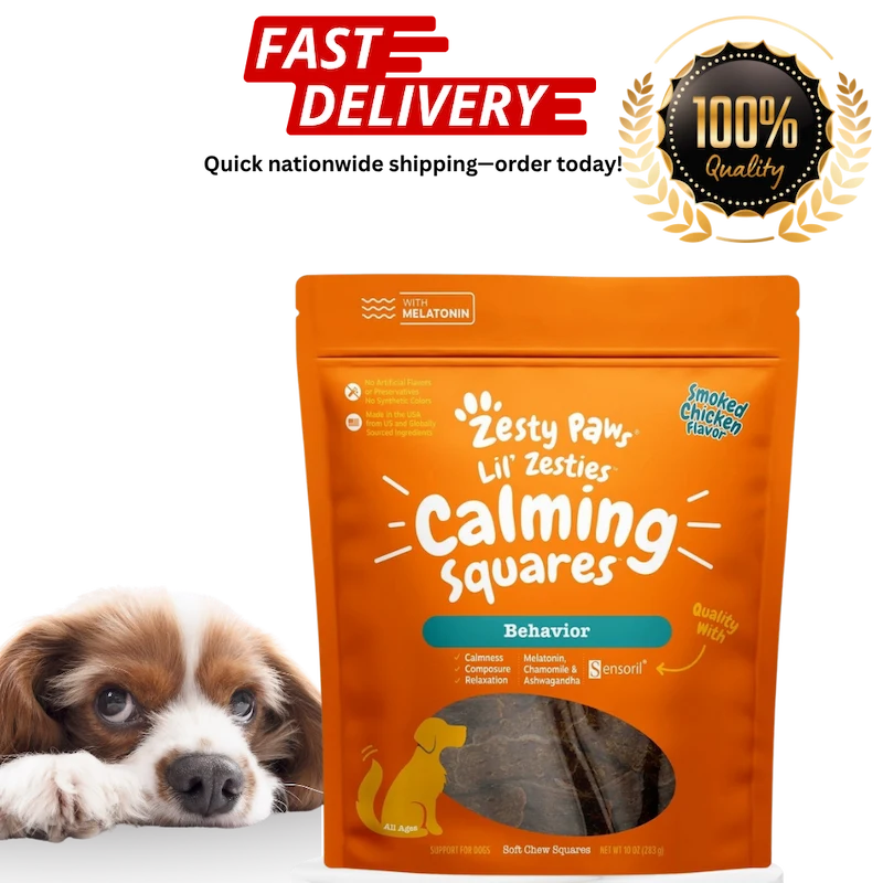 Zesty Paw Lil' Zesties Calming Squares packaging with a puppy and promotional text on a white background