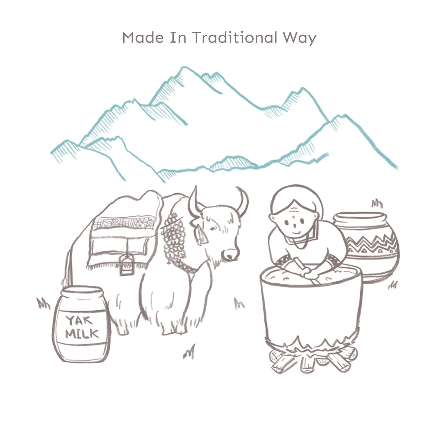 Illustration of a person with a yak and traditional containers with mountains in the background, labeled 'Made In Traditional Way'.