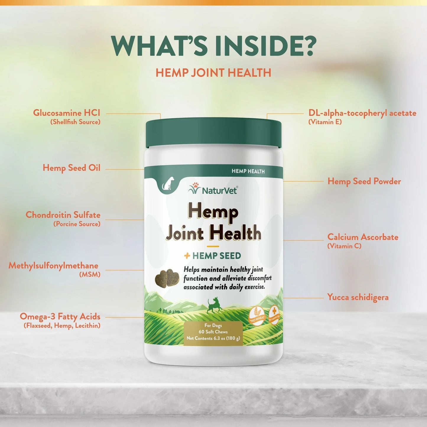 Naturvet Hemp Joint Health supplement container with ingredients listed on a white background
