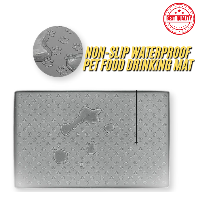 Gray pet food drinking mat with water droplets and paw prints, labeled 'Non-Slip Waterproof Pet Food Drinking Mat'.