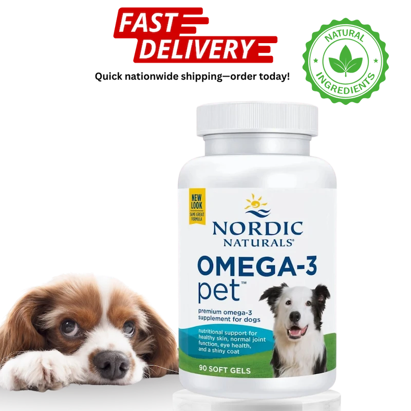 Nordic Naturals Omega-3 pet supplement bottle with a dog and puppy on a white background