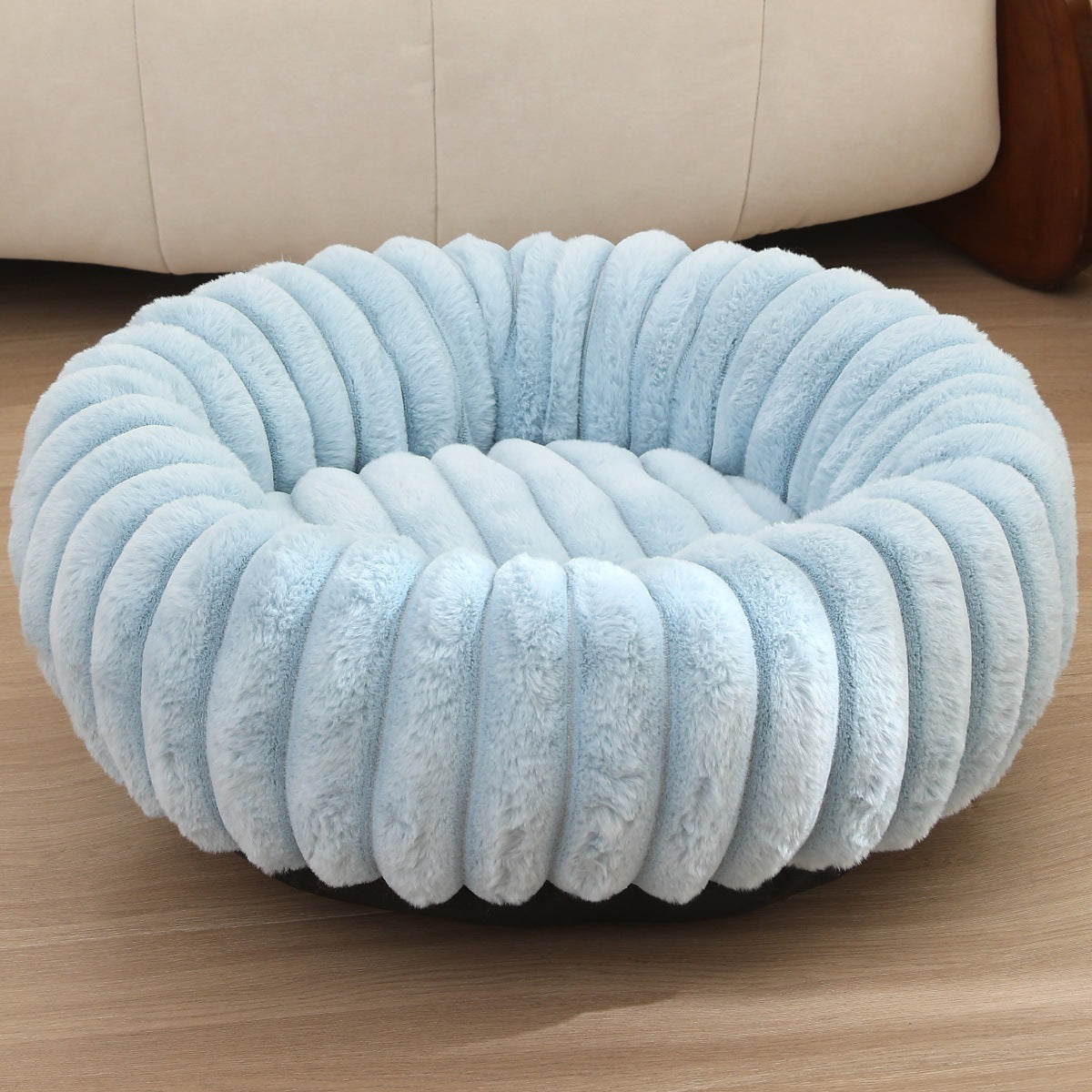 🐾 Striped Rabbit Plush Pet Bed – Ultra-Soft Round Cat & Dog Bed | Winter Warm, Long-Hair Pet Mat for Small & Medium Pets