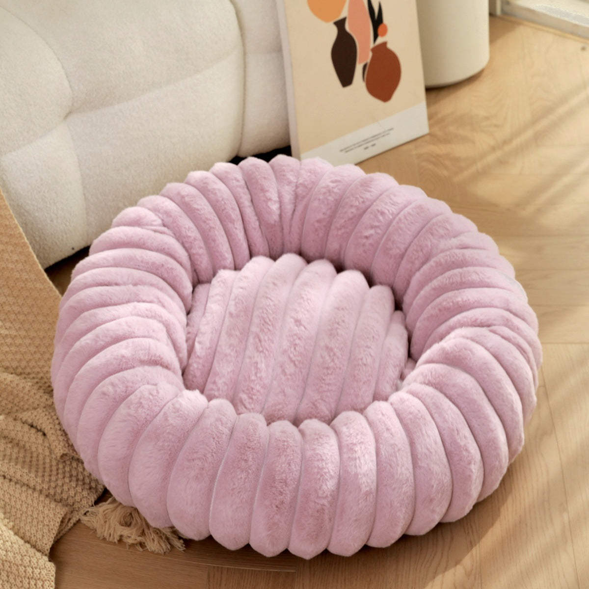 🐾 Striped Rabbit Plush Pet Bed – Ultra-Soft Round Cat & Dog Bed | Winter Warm, Long-Hair Pet Mat for Small & Medium Pets