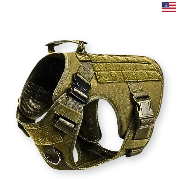 Olive green tactical dog harness on a white background
