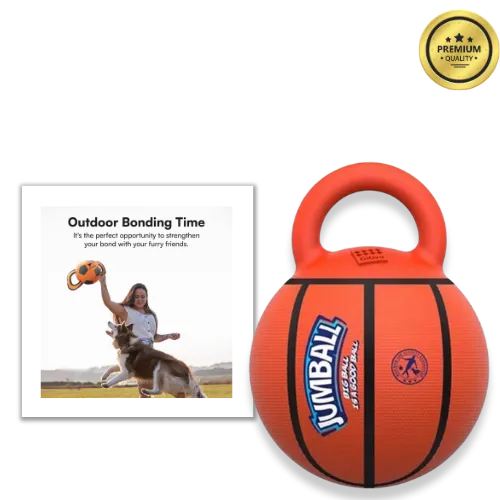 Orange Jumball dog toy with a handle and promotional text on a white background