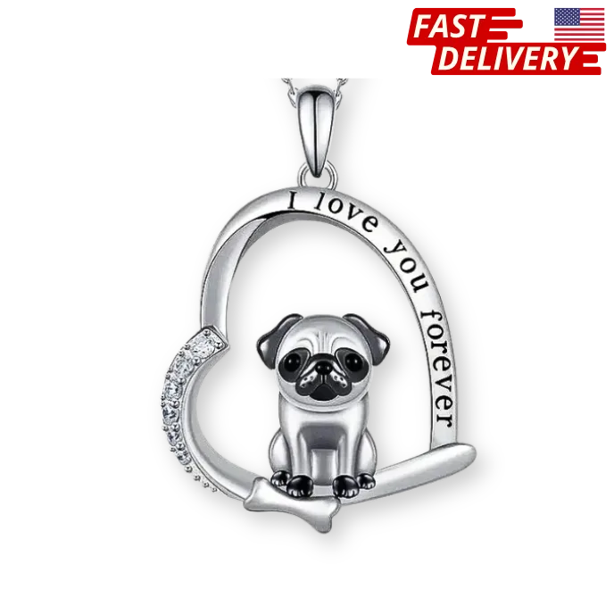 Silver pendant with a pug design and 'I love you forever' text on a white background.