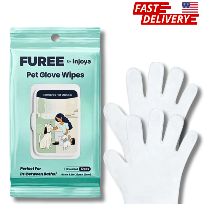 Furee pet glove wipes packaging with gloves on a white background