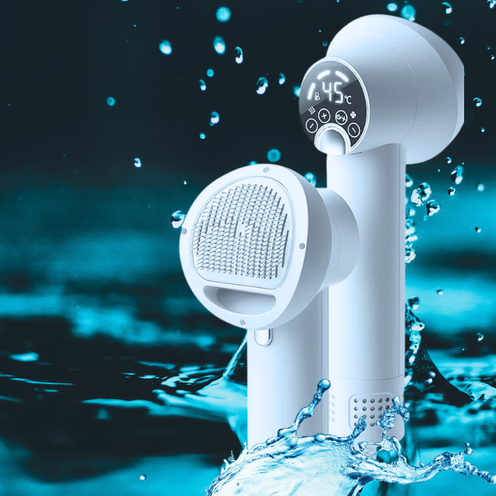 White handheld device with digital display and water splashes on a dark background