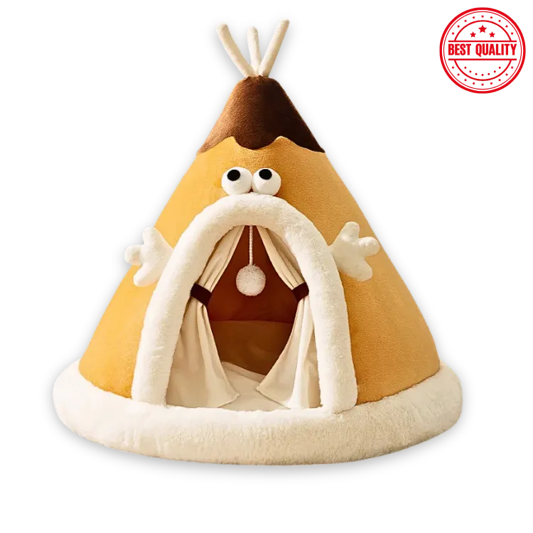 Pet bed designed like a teepee with decorative elements on a white background