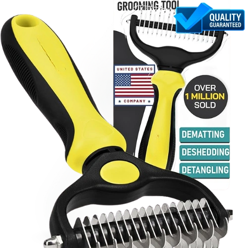 Pet grooming tool with yellow and black handles on a white background