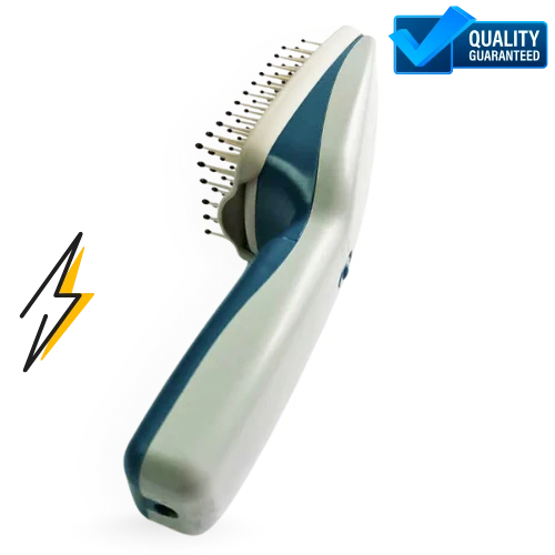Pet grooming brush with blue and gray design on a white background, featuring a 'Quality Guaranteed' label.