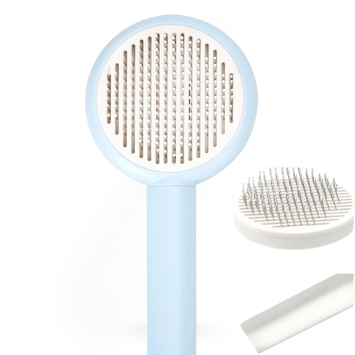 Pet grooming brush with blue handle and white bristles on a white background