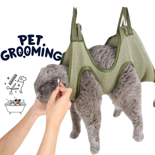Pet grooming hammock with a gray cat inside, held by a hand, on a white background.