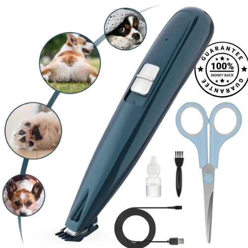 Pet grooming tool set with scissors, bottle, and cable on a white background