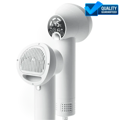 White handheld hair dryer with digital temperature display on a white background, featuring a 'Quality Guaranteed' badge.