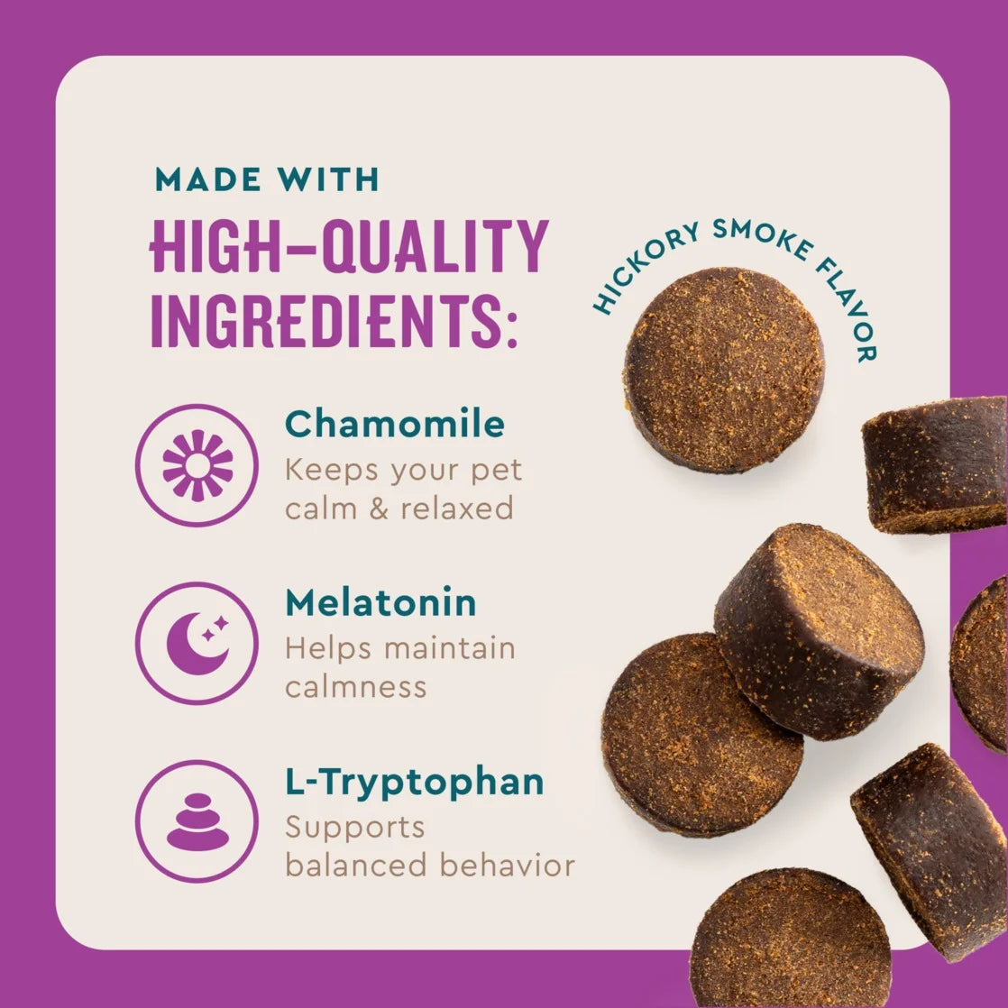 Pet treats with ingredients listed on a purple and white background