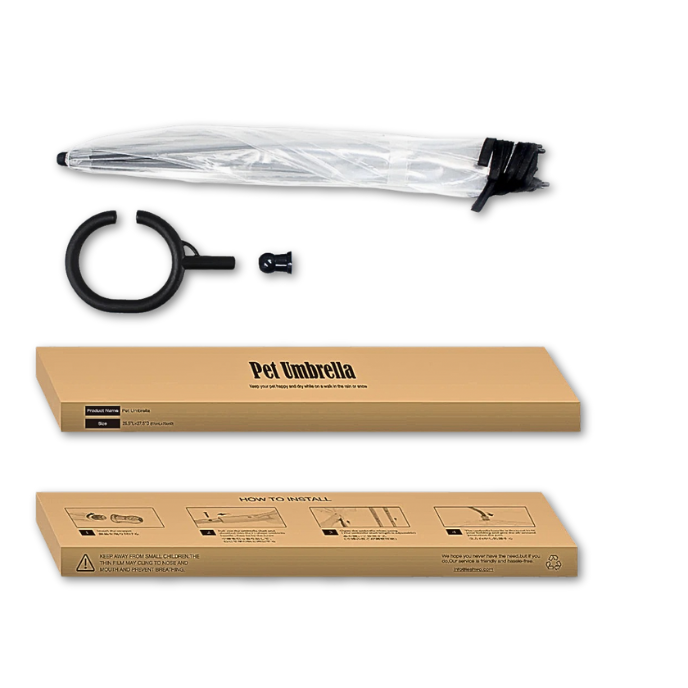 Pet umbrella components including an open umbrella, handle, and packaging on a white background