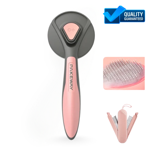 Pink and gray grooming brush with inset showing bristle detail and folded design on a white background.