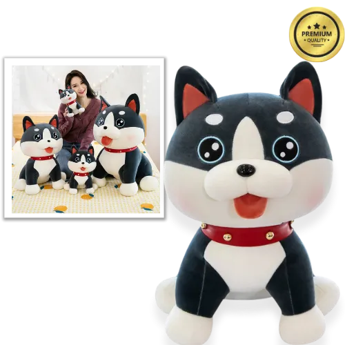 Plush dog toy with a woman holding it, surrounded by smaller plush toys on a white background.